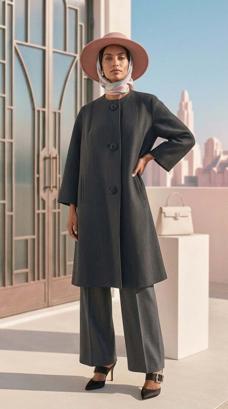 Vintage Dark Grey Collarless Wool Swing Coat with Knot Buttons